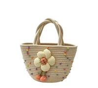CORIOS Borsa a Mano Donna Mini Borsa Secchio in Cotone Pochette Borsa Intrecciata Boho con Decorazione Fiore 3D Borsa da Spiaggia Estiva Carino Tote per Uso Quotidiano Viaggi e Vacanze Pompon Beige