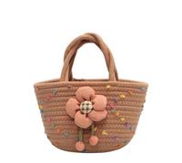 CORIOS Borsa a Mano Donna Mini Borsa Secchio in Cotone Pochette Borsa Intrecciata Boho con Decorazione Fiore 3D Borsa da Spiaggia Estiva Carino Tote per Quotidiano Viaggi e Vacanze Pompon Color Cachi