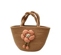 CORIOS Borsa a Mano Donna Mini Borsa Secchio in Cotone Pochette Borsa Intrecciata Boho con Decorazione Fiore 3D Borsa da Spiaggia Estiva Carino Tote per Uso Quotidiano Viaggi e Vacanze Cachi
