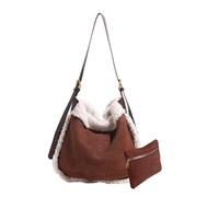 CORIOS Borsa a Mano in Lana di Agnello da Donna Borsa a Tracolla in Pelle Scamosciata Morbido Peluche Borsa a Spalla Grande Borsa per la Spesa Retro Borse Messenger Leggero Borsa Tote 2 Pezzi Caffè