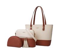 CORIOS Borsa a Mano in Pelle PU da Donna Borsa a Spalla 3pcs Set Borsa a Tracolla con Frange Grande Capacità Borse Messenger Elegante Vita Quotidiana Lavoro Shopping Viaggio Tote Bianco Marrone