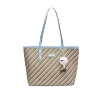 CORIOS Borsa a Mano in PU Pelle Donne Borsa a Tracolla e Carter con Carino Ciondolo a Pompon Bianco Borsa a Spalla e Design a Strisce Grande Borsa da Lavoro Ventiquattrore per Business Ufficio Blu