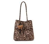 CORIOS Borsa a Tracolla a Spalla con Moda Stampa Leopardo da Donna Borsa a Mano con Carino Ciondolo Orso Grande Borsa per la Spesa Tote in Pelle Scamosciata per Lavoro Viaggio Stampa Leopardata Cachi