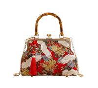 CORIOS Borsa da Sera Donna Clutch con Nappi e Ricami Etnici Borsa Sposa Pochette Piccolo con Catena Elegante Borsa a Spalla in Cotone Elegante Borsa a Mano Tracolla Gru Rossa B