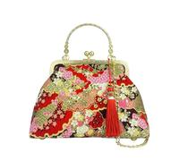 CORIOS Borsa da Sera Donna Clutch con Nappi e Ricami Etnici Borsa Sposa Pochette Piccolo con Catena Elegante Borsa a Spalla in Cotone Elegante Borsa a Mano Tracolla Motivo a Ventaglio Rotondo Rosso