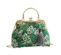 CORIOS Borsa da Sera Donna Clutch con Nappi e Ricami Etnici Borsa Sposa Pochette Piccolo con Catena Elegante Borsa a Spalla in Cotone Elegante Borsa a Mano Tracolla Onde Verdi