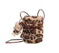 CORIOS Borsa per Cellulare a Motivo di Leopardo Donne Borsa Tote a Mano in Pelliccia Soffice Borsa a Spalla a Tracolla con Carino Ciondolo di Bambola Retro Borsa Messenger per Lavoro Viaggi Marrone