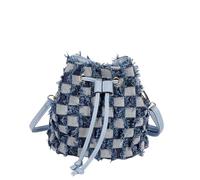 CORIOS Borsa Secchio in Denim Donna Borsa a Mano Trapuntata con Nappe Piccola Borsa a Spalla a Tracolla con Coulisse Retro Borse Messenger in Jeans Multifunzionale Tote Blu a Quadri
