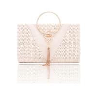 CORIOS Borsetta da Sera in Paglia da Donna Intrecciata Clutch con Frange Pochette Piccolo con Catena Elegante Borsa a Spalla Borsa Sposa Lussuoso Borsa a Tracolla per Cocktail Ballo Festa Bianco