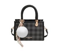CORIOS Elegante Borsa a Mano da Donna PU Pelle Borsa a Tracolla a Spalla con Motivo a Quadri Borsa Messenger con Ciondolo di Palla di Pelo Bianco Viaggio Shopping Lavoro Tote Nero