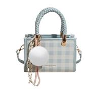 CORIOS Elegante Borsa a Mano da Donna PU Pelle Borsa a Tracolla a Spalla con Motivo a Quadri Borsa Messenger con Ciondolo di Palla di Pelo Bianco Viaggio Shopping Lavoro Tote Blu