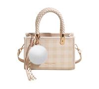 CORIOS Elegante Borsa a Mano da Donna PU Pelle Borsa a Tracolla a Spalla con Motivo a Quadri Borsa Messenger con Ciondolo di Palla di Pelo Bianco Viaggio Shopping Lavoro Tote Beige