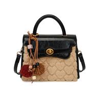 CORIOS Elegante Borsa Tote a Mano donna Borsa a Spalla con Tessuto Patchwork di PU Pelle Peluche Borse Messenger Crossbody con Grazioso Ciondolo Pompom Piccolo Borsa a Tracolla Nero
