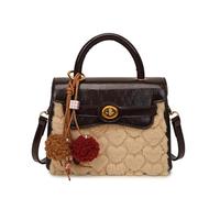 CORIOS Elegante Borsa Tote a Mano donna Borsa a Spalla con Tessuto Patchwork di PU Pelle Peluche Borse Messenger Crossbody con Grazioso Ciondolo Pompom Piccolo Borsa a Tracolla Caffè