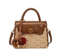CORIOS Elegante Borsa Tote a Mano donna Borsa a Spalla con Tessuto Patchwork di PU Pelle Peluche Borse Messenger Crossbody con Grazioso Ciondolo Pompom Piccolo Borsa a Tracolla Marrone