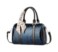 CORIOS Elegante Borse a Mano da donna Borsa Boston con Decorazione di Foulard PU Pelle Borse a Spalla Borsa a Tracolla con Motivi Ricamati Vintage Tote Lavoro Shopping Viaggi Borse Messenger Blu
