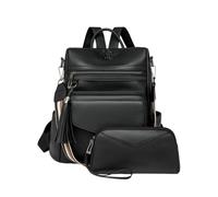 CORIOS Zaino in PU Pelle Donna Borsa da Scuola Set da 2 Pezzi Zaini con Decorazione Frange Daypacks con Motivo Leopardato Convertibile Borse a Mano a Spalla a Tracolla Retro Zainetto Nero