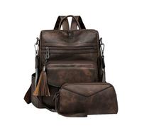CORIOS Zaino in PU Pelle Donna Borsa da Scuola Set da 2 Pezzi Zaini con Decorazione Frange Daypacks con Motivo Leopardato Convertibile Borse a Mano a Spalla a Tracolla Retro Zainetto Bicromato Caffè