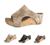 Cork Wedges Platform Slides, Women's Thick Sole Comfy Leather Wedge Non-slip Sandals, Summer Platform Cork Wedge (Khaki,41)