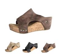 Cork Wedges Platform Slides, Women's Thick Sole Comfy Leather Wedge Non-slip Sandals, Summer Platform Cork Wedge (Brown,39)