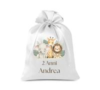 Cormar 12 Pezzi Sacchetti Bomboniere Personalizzati per Nascita,Battesimo e Primo Compleanno, misura 9x12 cm, Porta Confetti in Tessuto con chiusura Nastrino (SAFARI 1)