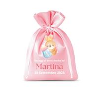 Cormar 12 Pezzi Sacchetti Rosa Bomboniere Personalizzati per Nascita,Battesimo, Primo Compleanno , misura 9x12 cm, Porta Confetti in Tessuto con chiusura Nastrino CONIGLIETTO