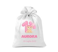 Cormar 12 PEZZI Sacchetto Bomboniere Personalizzati per Nascita,Battesimo,Primo compleanno, misura 9x12 cm, Porta Confetti in Tessuto con chiusura Nastrino 1 ANNO ORSETTO ROSA