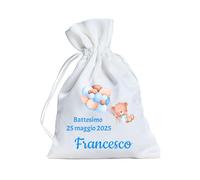 Cormar - 12 Sacchetti Bomboniere Personalizzati 9x12 cm - Orsetto Blu - Porta Confetti in Tessuto per Nascita, Battesimo, Primo Compleanno - Con Chiusura a Nastro (ORSETTO BLU 1)