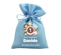 Cormar 12 Sacchetti Bomboniere Personalizzati Blu - per Nascita, Battesimo e Primo Compleanno - Porta Confetti in Tessuto 9x12 cm con Nastrino (1 ANNO SAFARI)