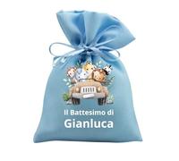 Cormar 12 Sacchetti Bomboniere Personalizzati Blu - per Nascita, Battesimo e Primo Compleanno - Porta Confetti in Tessuto 9x12 cm con Nastrino (SAFARI 1)