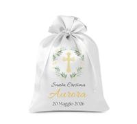 Cormar Sacchetti Bomboniere Cresima Personalizzati - Set 12 Pezzi, 9x12 cm, Colore Bianco con Ricamo Elegante (CROCE CON DISEGNO)