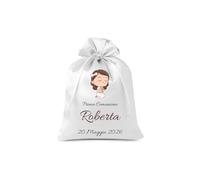 Cormar Sacchetti Prima Comunione in Raso Bianco, Set 12 Pezzi Bomboniere Personalizzabili Con Nome e Data (RAGAZZA IN PREGHIERA)