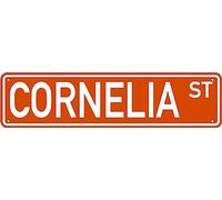 CORNELIA ST Targa in latta regalo per donne, cartello in alluminio per esterni, segnali stradali, grotta donna, segnali stradali, 40,6 x 10,2 cm, arancione