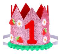CORNER LACE Cappello glitterato con fragola per il primo compleanno, corona per il primo compleanno con fiori di margherita per bambine, decorazioni per feste a tema primaverile, rosa, forniture per
