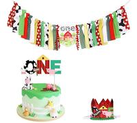 CORNER LACE Decorazioni per feste di compleanno con animali della fattoria, rosso, verde, giallo, fattoria, un seggiolone, striscione per il primo compleanno, cappello con corona glitterata