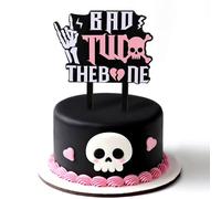 CORNER LACE Topper per torta con scritta "Bad Two The Bone Girls", decorazione per 2° compleanno, in acrilico a doppio strato, scheletro gotico a forma di teschio, per Halloween, musica rock a tema