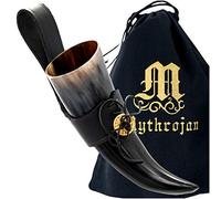 Corni per bere Mythrojan Viking, corno per bere medievale, corno norreno con supporto in pelle nera Corno autentico 100% naturale per bere birra, vino - 150 ml