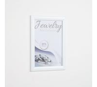 Cornice a scatto A4 in alluminio bianco RAL9003, profilo 25mm, angoli vivi e PVC antiriflesso per uffici e bacheche