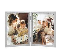 Cornice doppia per foto, 10 x 15 cm, pieghevole, in legno, con supporto frontale in vetro, verticale su scrivania, colore argento