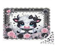 Cornice floreale con mucca carina Puzzles 1000 Pezzi Carta riciclata per adulti Puzzle per adulti Gioco stimolante Regalo divertente Ottima idea regalo per bambini dai 12 anni in su 70x50cm/1000pcs