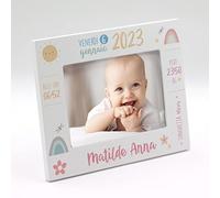 Cornice nascita personalizzata con nome, data , peso, lunghezza. Idea regalo battesimo e nascita. Quadretto nascita. Portafoto nascita personalizzato.Stampa inclusa. (18 x 13 cm | ORIZZONTALE, ROSA)