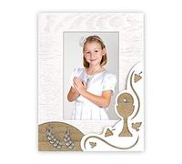 DALILA TELAIO DI PRIMA COMUNIONE, in legno con ornamenti in intarsio in legno, piede da tavolo. Adatto per 1 foto 10 x 15 in verticale.