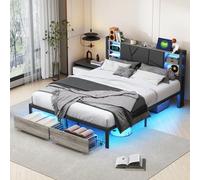 Cornice per letto matrimoniale 140 x 200 cm con LED, forma imbottita letto matrimoniale con 4 cassetti, supporto in acciaio robusto, USB e 1 tipo C, facile da montare (140 x 200 cm)