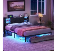 Cornice per letto matrimoniale 160 x 200 cm con LED, forma imbottita letto matrimoniale con 4 cassetti, supporto in acciaio robusto, USB e 1 tipo C, facile da montare (160 x 200 cm)