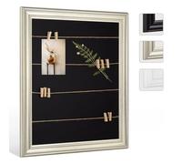 Cornice portafoto Athen con Corda e 20 mollette in Legno per Appendere Le Foto e Cartoline, 60 x 80 cm, Argento Anticato con passepartout in Nero, bacheca da Parete