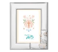 Cornice Portafoto per Il Battesimo Personalizzabile con Incisione del Nome o della Data, Realizzato in Argento PVD con Cero, Bambino, Conchiglia e Fonte Battesimale cm 10 x 15