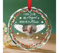 Cornice portafoto personalizzata con ali d'angelo, ornamento natalizio in vetro 2025, I used to Be His Angel Now He is Mine Ornamenti per la perdita di papà, nome/data/immagine del padre commemorativo