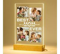 Cornice portafoto personalizzata con scritta "Best Mom Ever", luce notturna a LED con base in legno, regalo per la festa della mamma per compleanno da parte della figlia, targa acrilica personalizzata