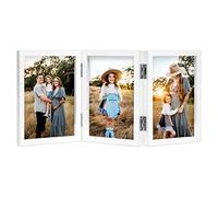 Cornice portafoto tripla in legno pieghevole con cerniera 10 x 15 cm, con supporto frontale in vetro, verticale su scrivania, colore: bianco
