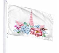 Corno Bandiera Decor 3x5 Ft Unicorno Ghirlanda Floreale Foglia Orecchio Simpatico Cartone Animato Animale Bouquet Cavallo Fioritura Poliestere Motivo Stampato Decorazioni per Esterni per Case e Giar